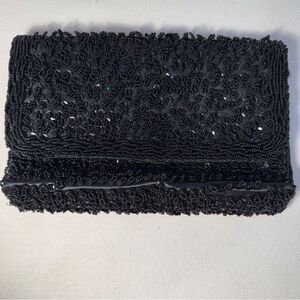 Antique sparkly black glass seed beaded evening bag satin lined purse clutch